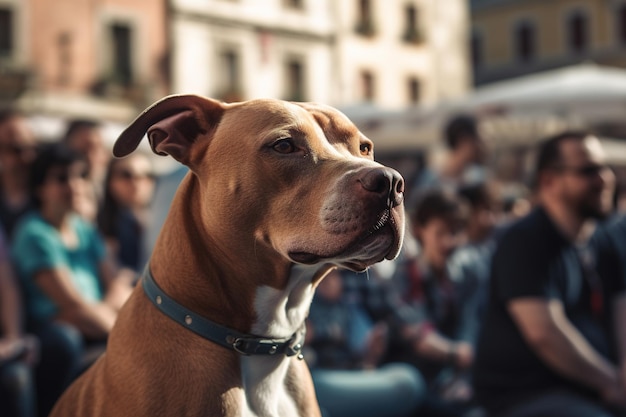 Ein Hund mit blauem Halsband sitzt in einer Menschenmenge.