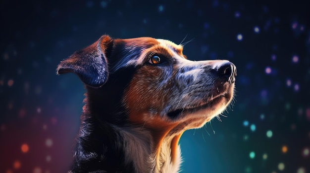 Ein Hund mit blauem Hintergrund und Sternenhintergrund.