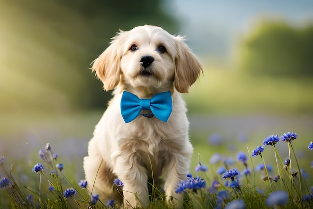 Ein Hund mit blauer Fliege sitzt in einer Blumenwiese.