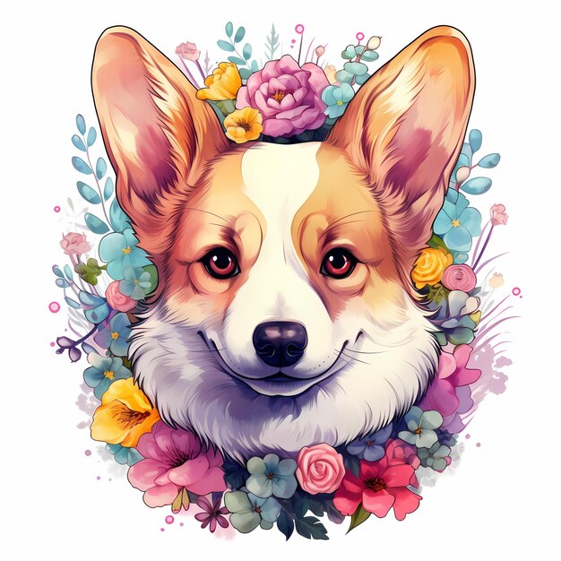 ein Hund mit Blumen im Hintergrund und einem Bild eines Hundes in der Mitte