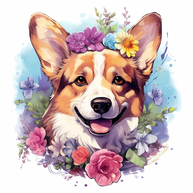 ein Hund mit Blumen im Hintergrund und einem Bild eines Hundes in der Mitte