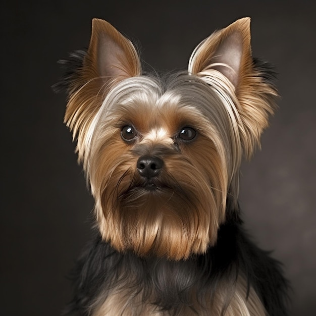 Ein Hund mit braun-schwarzem Haarschnitt und schwarzem Hintergrund.