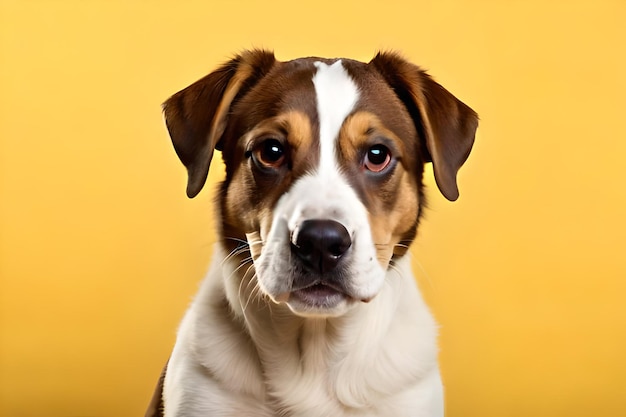 Ein Hund mit braun-weißem Gesicht sitzt vor gelbem Hintergrund