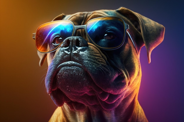 Ein Hund mit Brille darauf und einem bunten Hintergrund