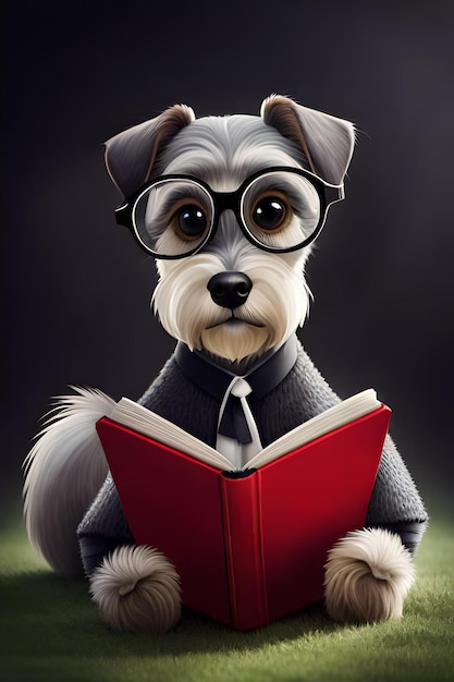 Ein Hund mit Brille, der ein Buch liest