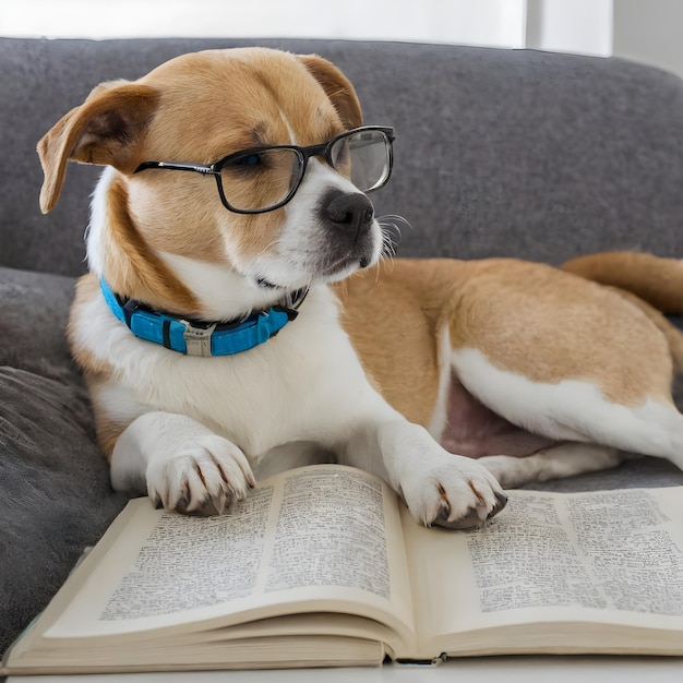 ein Hund mit Brille liegt mit einem Buch auf einer Couch