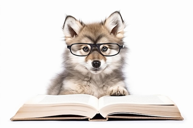 Ein Hund mit Brille sitzt an einem Buch