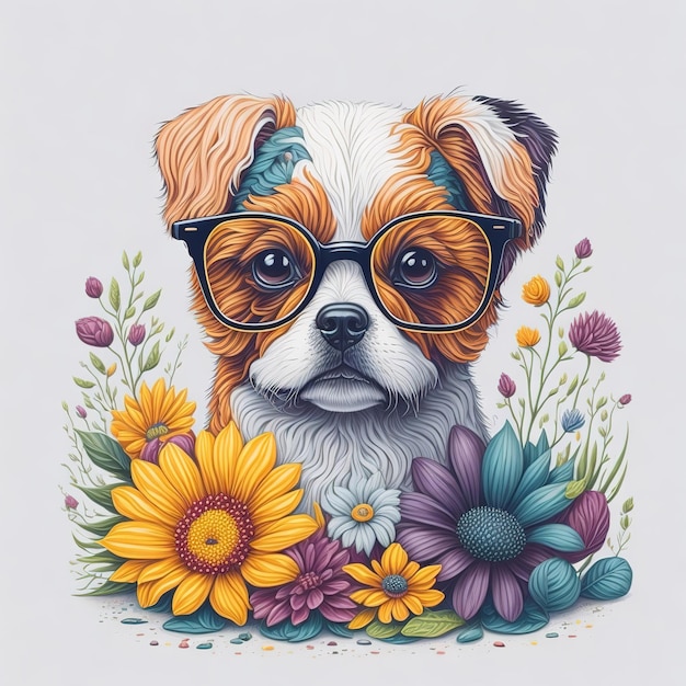 Ein Hund mit Brille und Blumenkopf