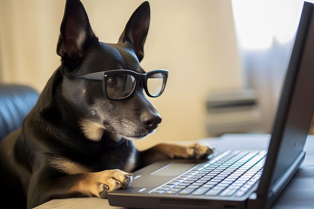 Ein Hund mit Brille und ein schwarzer Hund, der mit einem Laptop auf einem Tisch liegt.