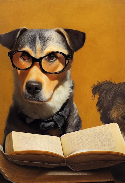 Ein Hund mit Brille und einem Buch