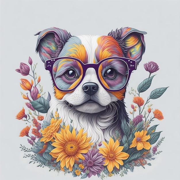 Ein Hund mit Brille und einer Blume darauf