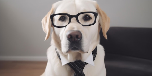 Ein Hund mit Brille und Krawatte mit der Aufschrift „Hund“.