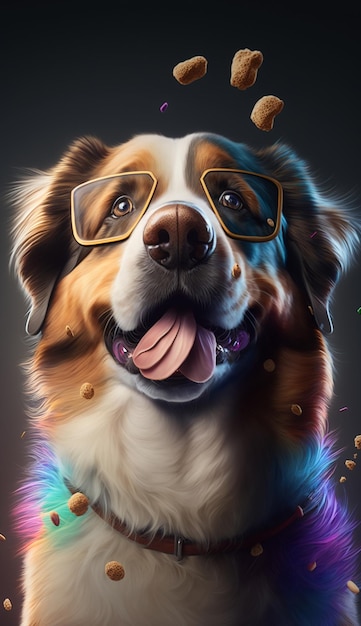 Ein Hund mit Brille und regenbogenfarbenem Fell