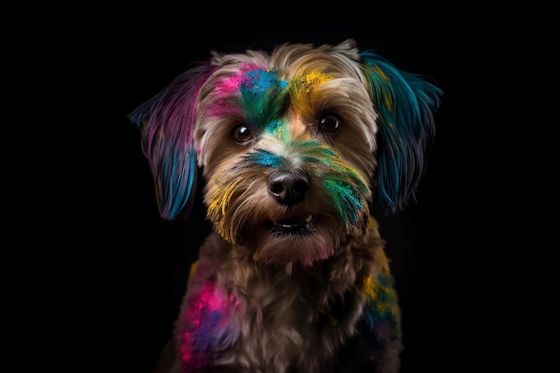 Ein Hund mit buntem Gesicht sitzt vor schwarzem Hintergrund.