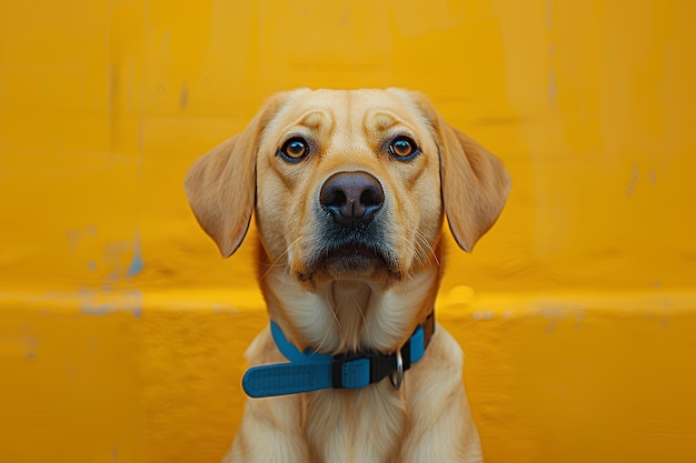 Ein Hund mit einem blauen Halsband schaut auf die Kamera mit einem gelben Hintergrund und einer gelben Wand