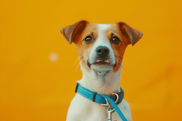 Ein Hund mit einem blauen Halsband und einem gelben Hintergrund schaut mit traurigen Augen in die Kamera.