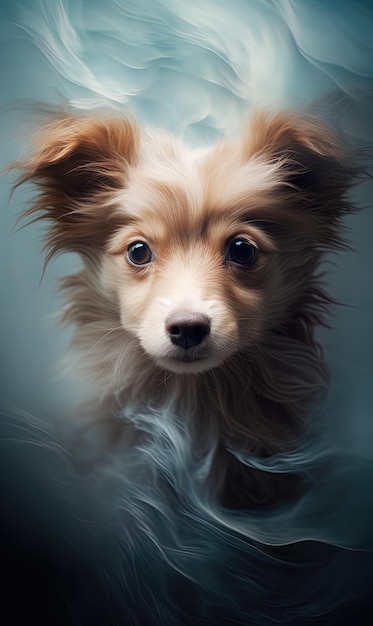 Ein Hund mit einem flauschigen Schwanz sitzt in einem dunklen Raum.