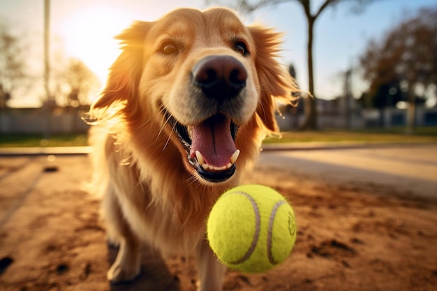 ein Hund mit einem gelben Tennisball im Maul