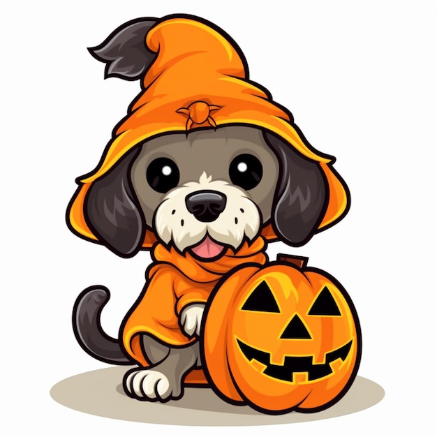 ein Hund mit einem Halloween-Kostüm und einem Kürbis darauf
