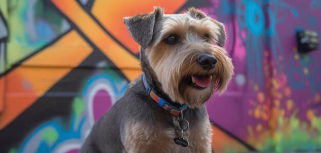 Ein Hund mit einem Halsband, auf dem das Wort „Schnauzer“ steht