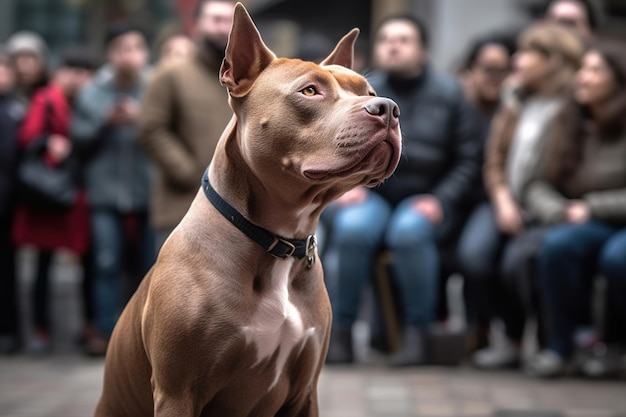 Ein Hund mit einem Halsband, auf dem „Pitbull“ steht