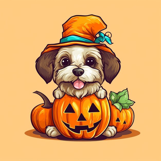 Ein Hund mit einem Hut, auf dem "Halloween" steht.
