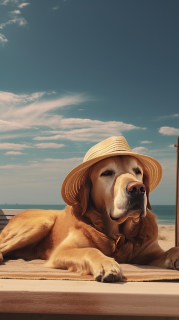 Ein Hund mit einem Hut liegt auf dem Dach und reist am Strand.