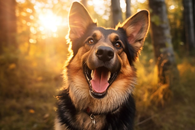 ein Hund mit einem Kragen am Hals lächelt in die Kamera.