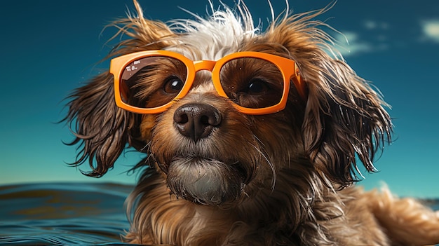 ein Hund mit einem Poolring und einer Sonnenbrille auf der Nase im Stil von hellem Indigo und Gelb