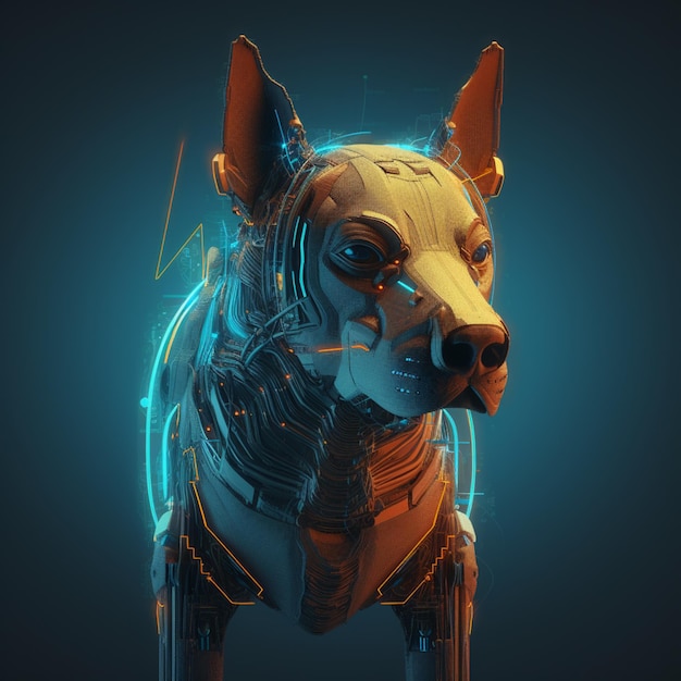 Ein Hund mit einem Roboterkopf und einem Kopf mit der Aufschrift „Roboterhund“