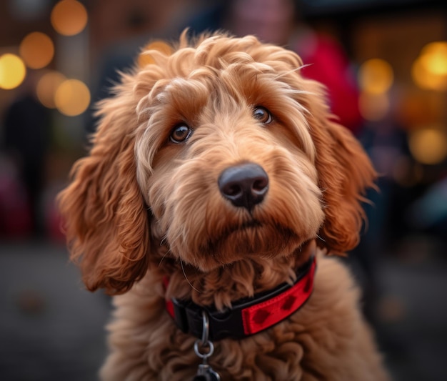 Ein Hund mit einem roten Halsband, auf dem das Wort „Hund“ steht