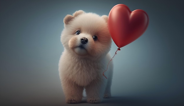 Ein Hund mit einem roten Luftballon im Maul