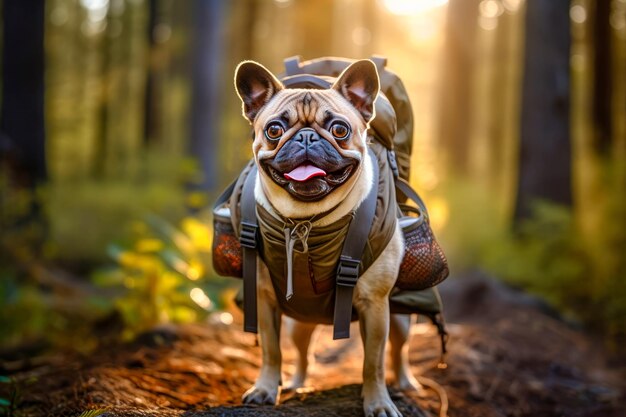 Foto ein hund mit einem rucksack und einer karte