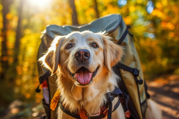 Foto ein hund mit einem rucksack und einer karte