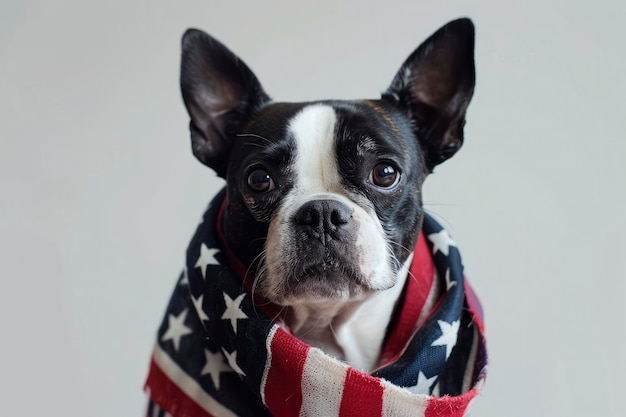Ein Hund mit einem Schal mit amerikanischer Flagge schaut auf eine Kamera, die auf weißem Hintergrund isoliert ist