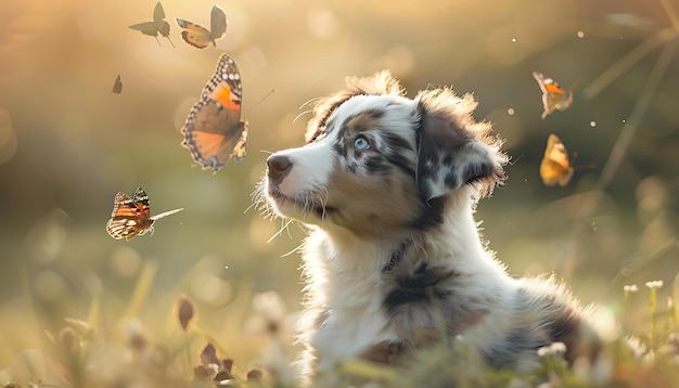 ein Hund mit einem Schmetterling auf dem Gesicht und einem Schmitterling im Hintergrund