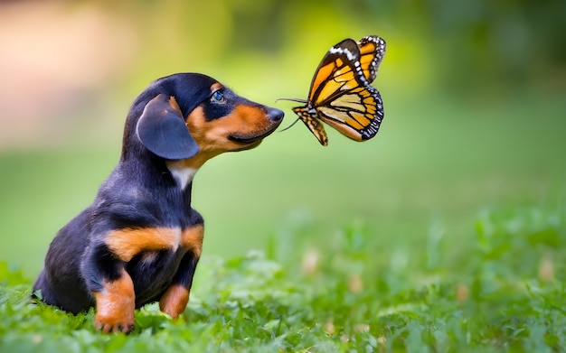 ein Hund mit einem Schmetterling auf der Nase