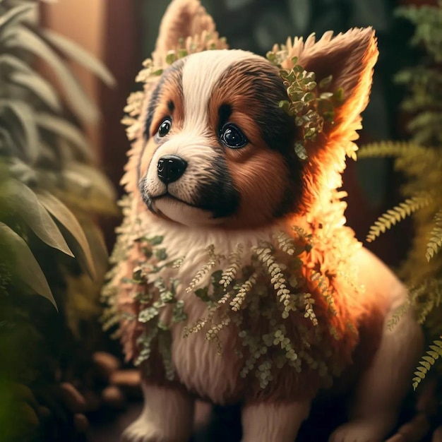 Ein Hund mit einer Blume auf dem Kopf sitzt in einem Wald.