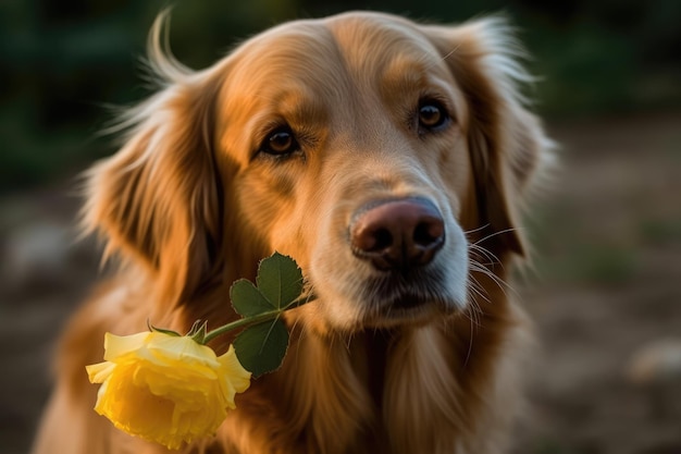 Ein Hund mit einer Blume im Mund generatives ai