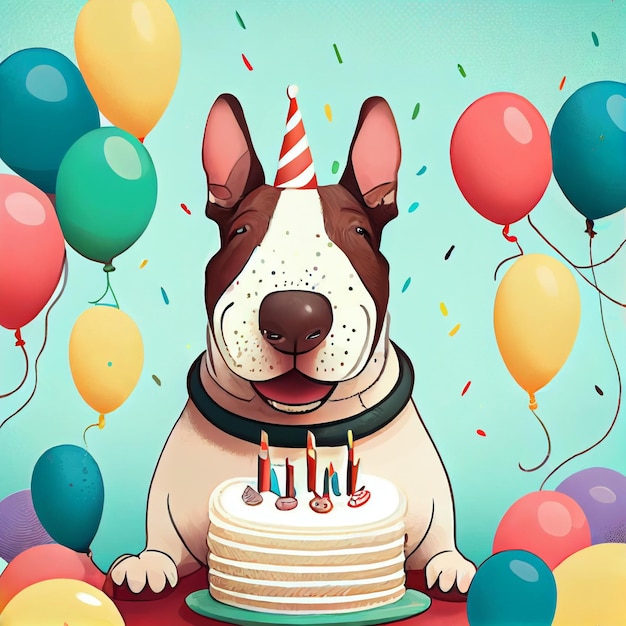 Ein Hund mit einer Geburtstagstorte und Luftballons im Hintergrund.