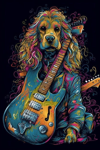 Ein Hund mit einer Gitarre am Hals sitzt vor schwarzem Hintergrund.