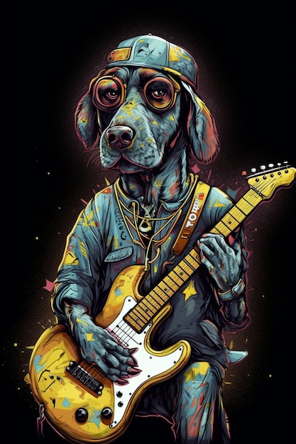 Ein Hund mit einer Gitarre auf dem Kopf spielt Gitarre.