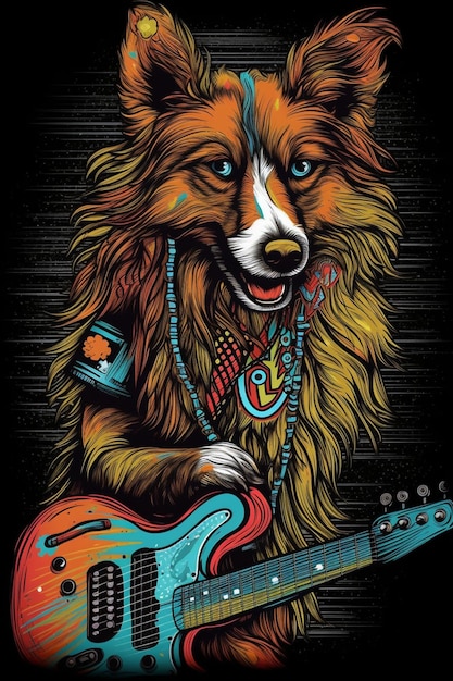 Ein Hund mit einer Gitarre im Gesicht spielt Gitarre.