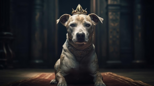 Ein Hund mit einer Krone auf dem Kopf sitzt auf einem Teppich.