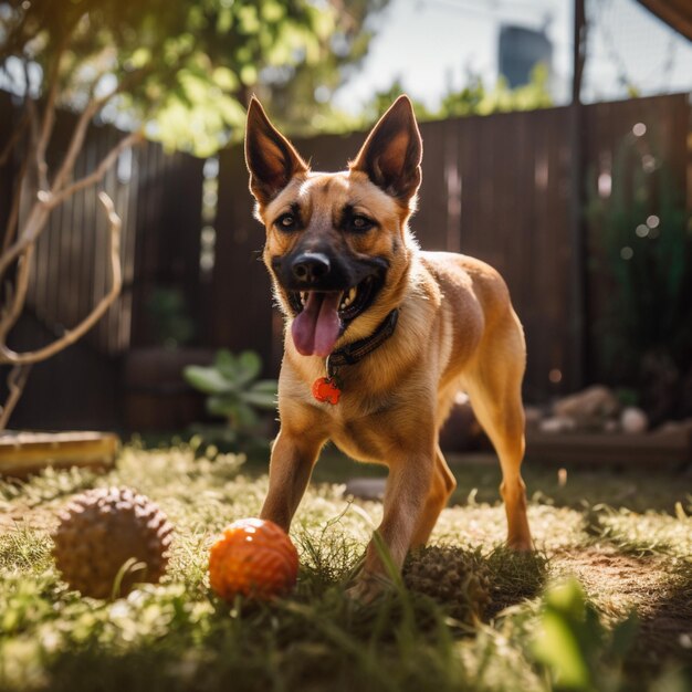 Ein Hund mit einer Marke am Halsband steht mit einem Ball in einem Garten.