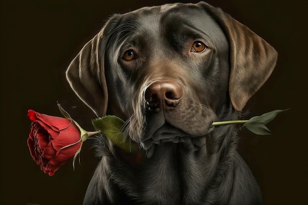 Ein Hund mit einer Rose im Maul