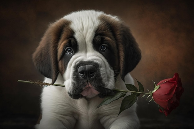 Ein Hund mit einer Rose im Maul