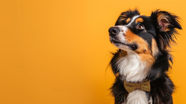 ein Hund mit einer Schnürsenke schaut mit einem gelben Hintergrund auf