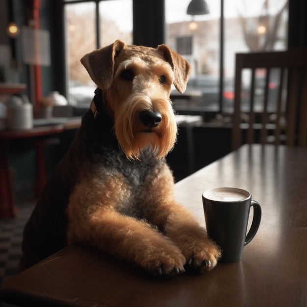 Ein Hund mit einer Tasse Kaffee auf einem Tisch