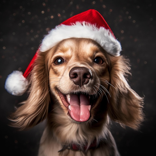 Ein Hund mit einer Weihnachtsmütze, auf der ein frohes neues Jahr steht